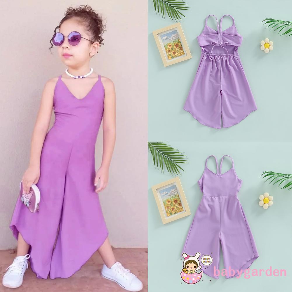 Áo liền quần Tay Loe Dài Cổ Chữ V Màu Trơn Thời Trang Mùa Hè Cho Bé Gái 1-6 Tuổi