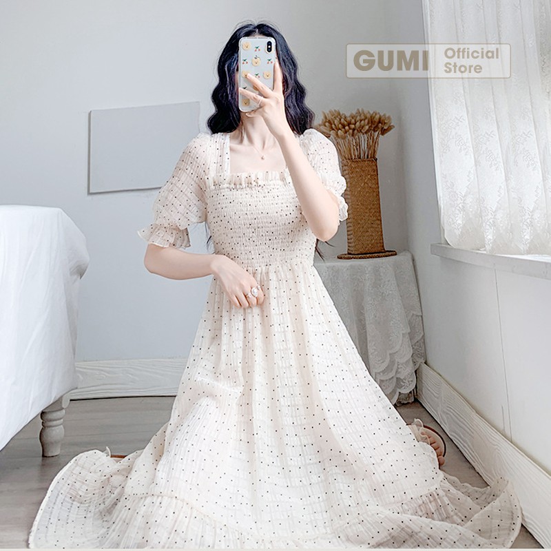 Đầm maxi đi biển trắng cổ vuông chấm bi - Váy maxi chấm bi biển xinh đẹp GM2090