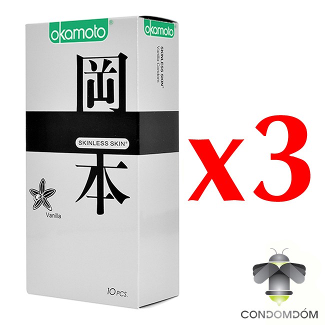 Combo 3 hộp 30 chiếc Bao cao su Okamoto Vanilla siêu mỏng hương Vani thơm nhẹ