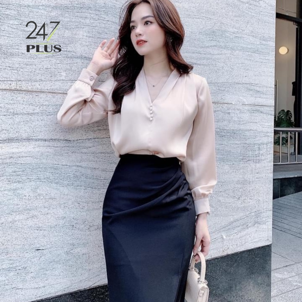 Áo Sơ Mi Lụa Cổ V Đính Ngọc