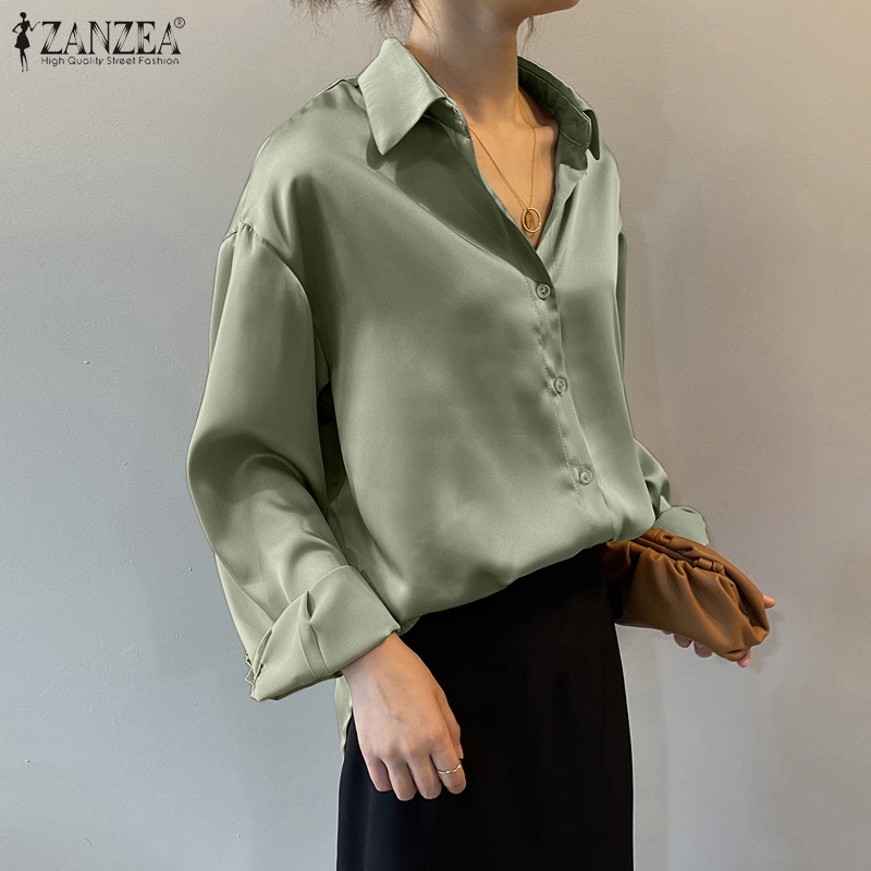 Áo ZANZEA cổ bẻ dài tay màu trơn phong cách Hàn Quốc đơn giản dễ phối đồ