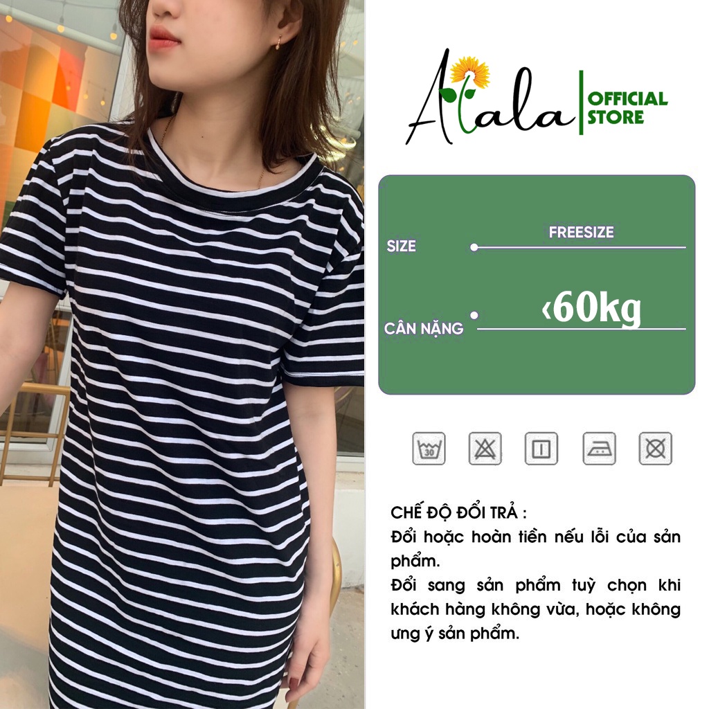 Đầm Kẻ Sọc Ngắn Tay Suông Rộng Cổ Tròn Đen Trắng Xẻ Tà Chất Cotton Thoáng Mát Váy suông kẻ Alala