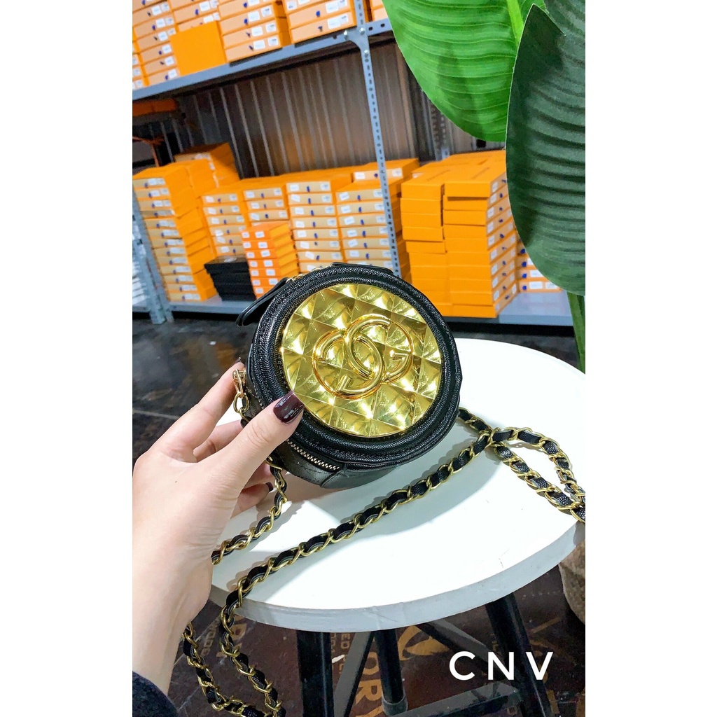 Túi xách tròn,Túi xách nữ hộp tròn mặt vàng Sang Trọng