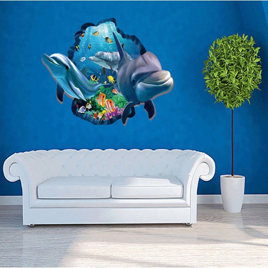 Decal trang trí tường - Vết nứt cá heo xanh