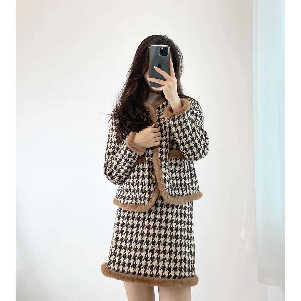 (FREESHIP) Set dạ nâu viền lông hàng quảng châu cao cấp Miho house