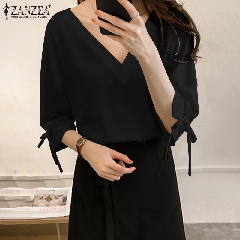 Áo ZANZEA tay 3/4 cổ chữ V màu trơn phong cách Hàn Quốc thời trang dành cho nữ