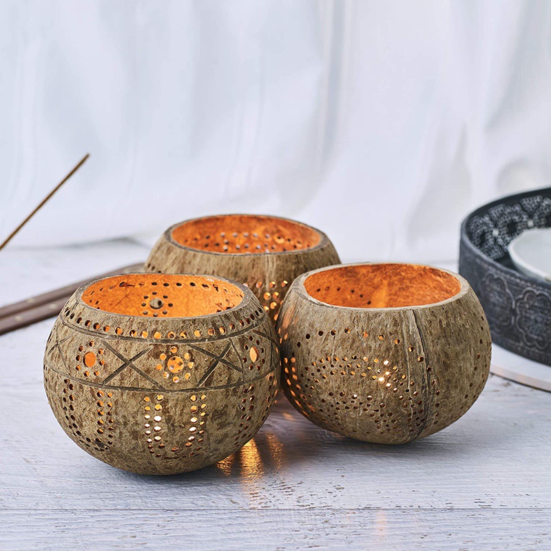 Đế Nến Bằng Gỗ Dừa (Bộ 3 Cái) Với Nến Thơm Dừa - Trang Trí Boho
