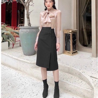 Chân váy công sở cách điệu siêu tôn dáng phối 3 cúc bọc chất tuyết mưa dày dặn