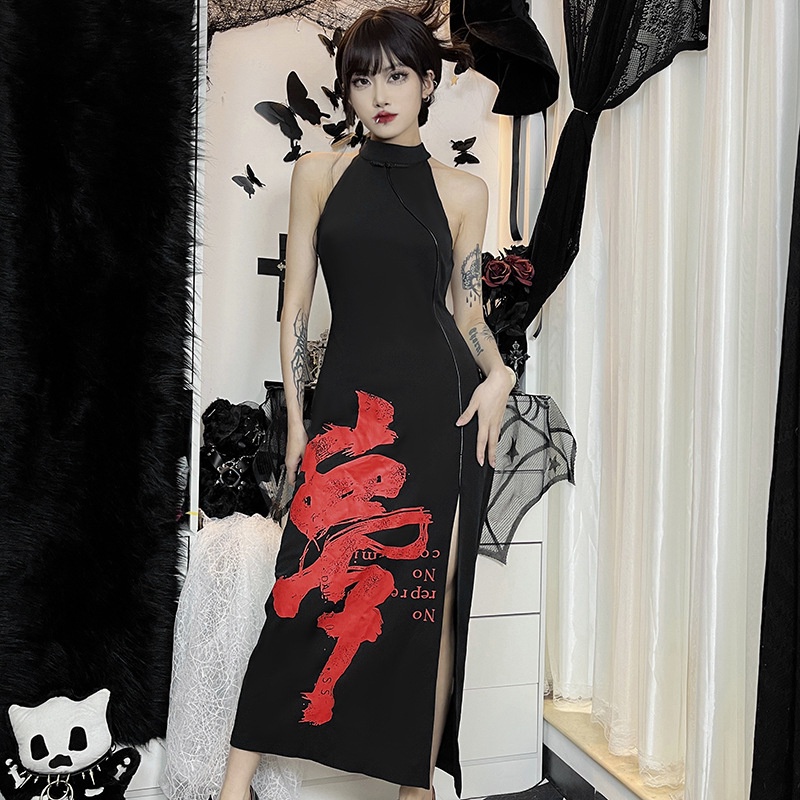 Đầm Sát Nách Cổ Tròn Hoạ Tiết Chữ In Phong Cách Trung Quốc