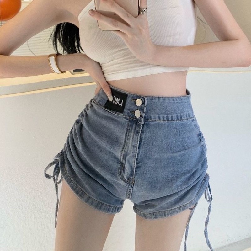 Quần Bò Jeans Denim Short Đùi Lưng Cao Dây Rút 2 Bên