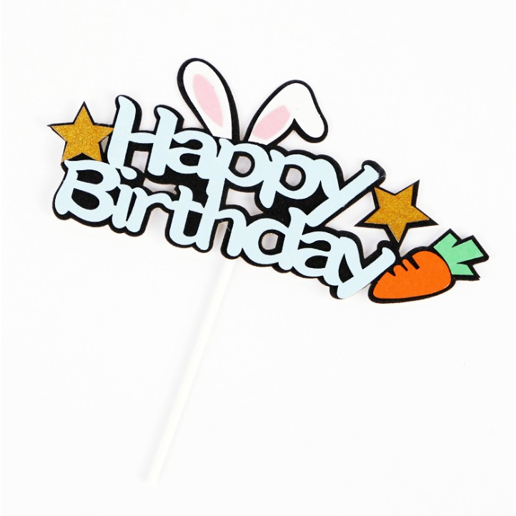 Hình cắm Happy Birtday Thỏ cà rốt trang trí bánh sinh nhật, topper cake