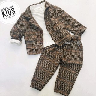 Bộ Vest dạ kẻ nâu tây Minky Mom dày dặn cho bé trai