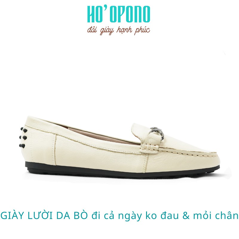 Giày Lười Nữ Da Bò Mọi bệt đế bằng cao su đẹp nơ thời trang HO'OPONO GL101 Qly