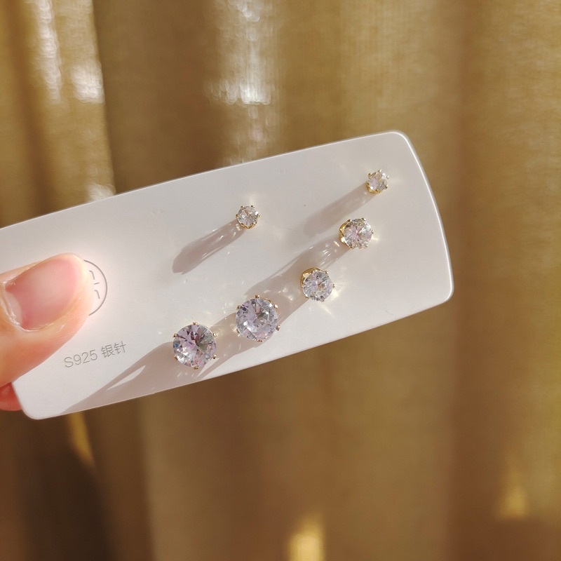 Set 3 đôi Khuyên tai nụ bạc 925 đính đá kiểu dáng lạ mắt độc đáo Phong cách Hàn Quốc