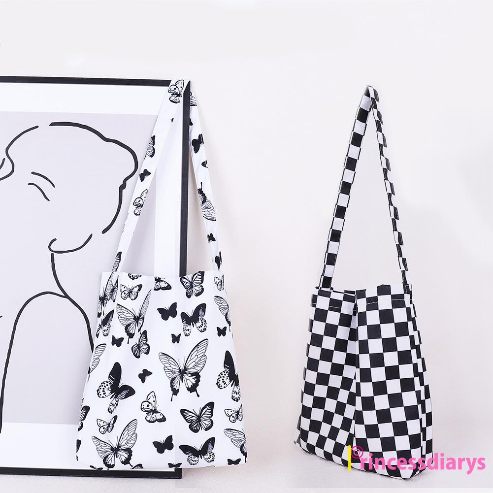 Fashion Women Checkerboard Butterfly Print Canvas Shopping Bag Tote Handbag