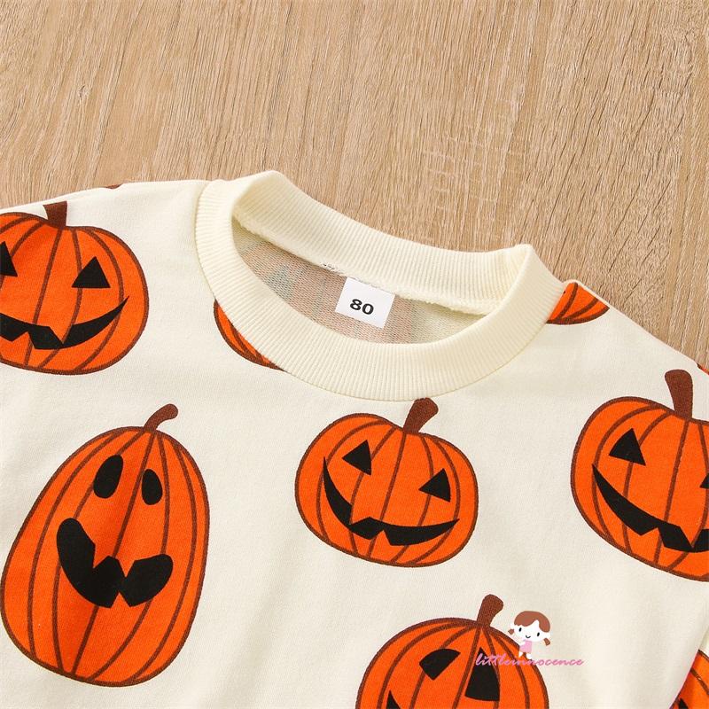 Set Áo Thun Tay Dài In Hình Bí Ngô Và Quần Dài Phong Cách Halloween Cho Bé