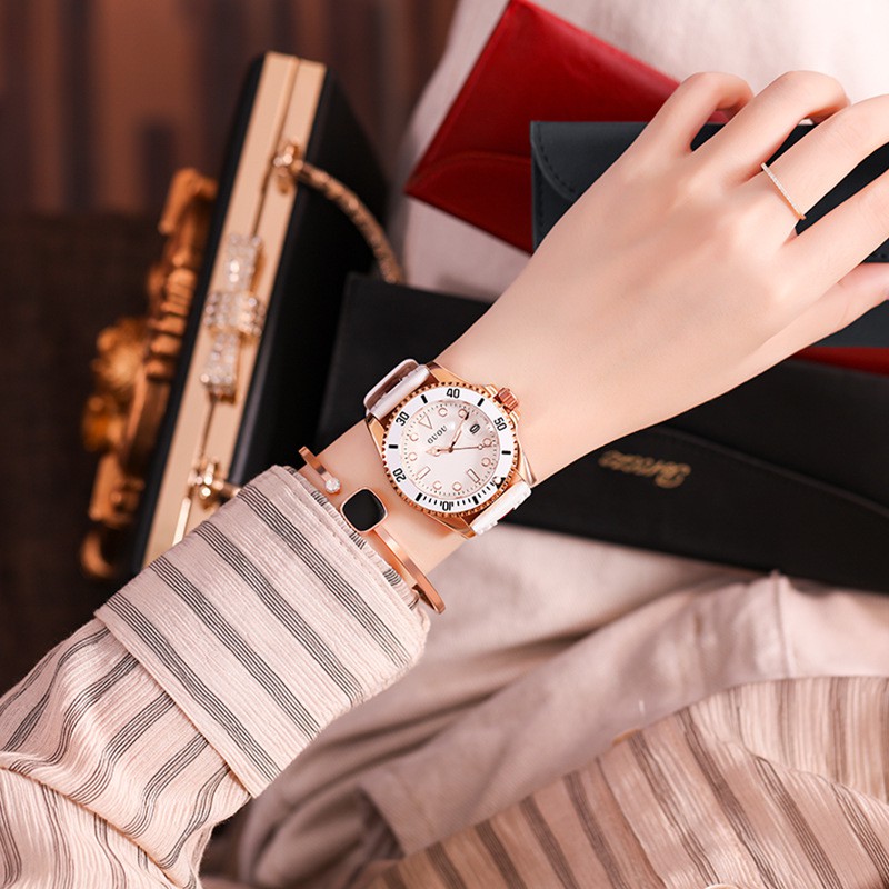 Đồng hồ nữ đeo tay dây da Guou viền mạ vàng chính hãng chống nước tuyệt đối 8077 | BigBuy360 - bigbuy360.vn