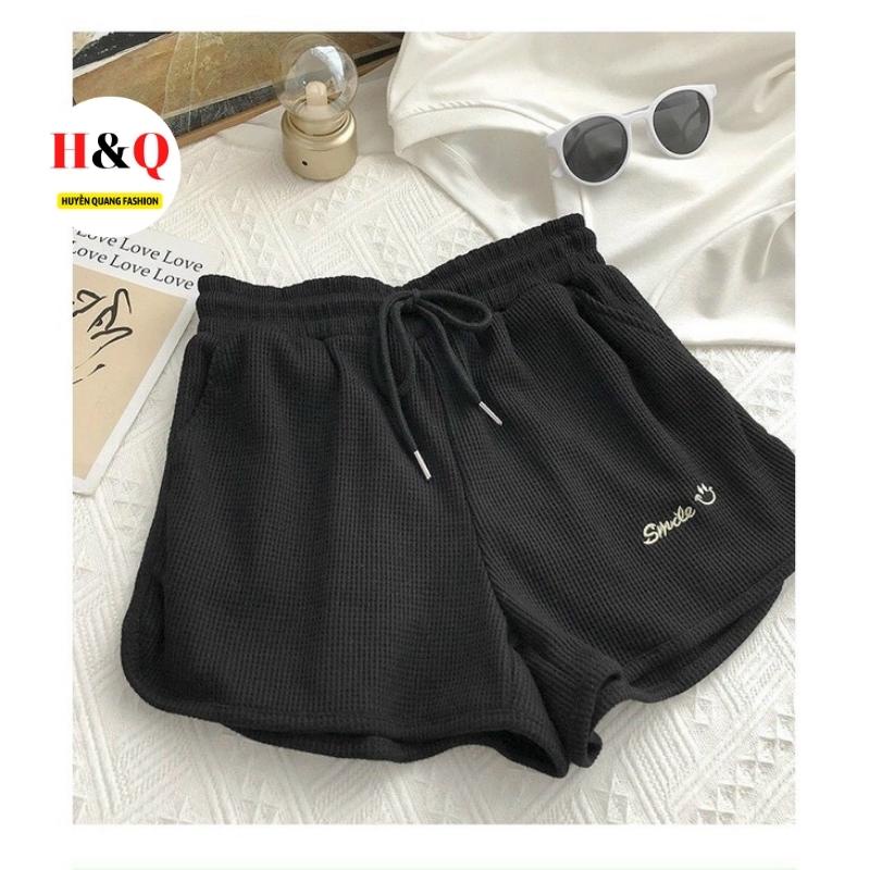 Quần đùi nữ mặc nhà, quần short thun nữ thêu chữ Smile ống rộng thể thao, tập gym, đi ngủ - Huyền Quang