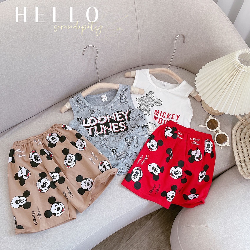 Bộ Quần Áo Trẻ Em 3 Lỗ In Hình Micky TUNES Vải Cotton Tàu Dễ Thương Cho Bé Từ 7-19kg Mã BL34