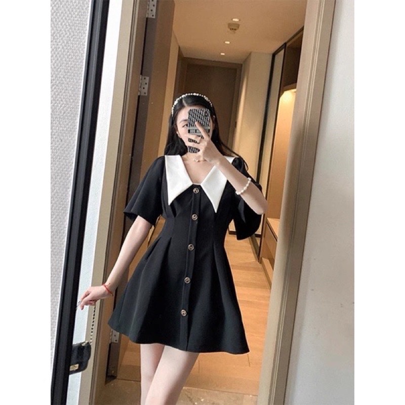 Váy đen trắng cổ nhọn chiết eo tôn dáng kèm ảnh thật Amineyshop