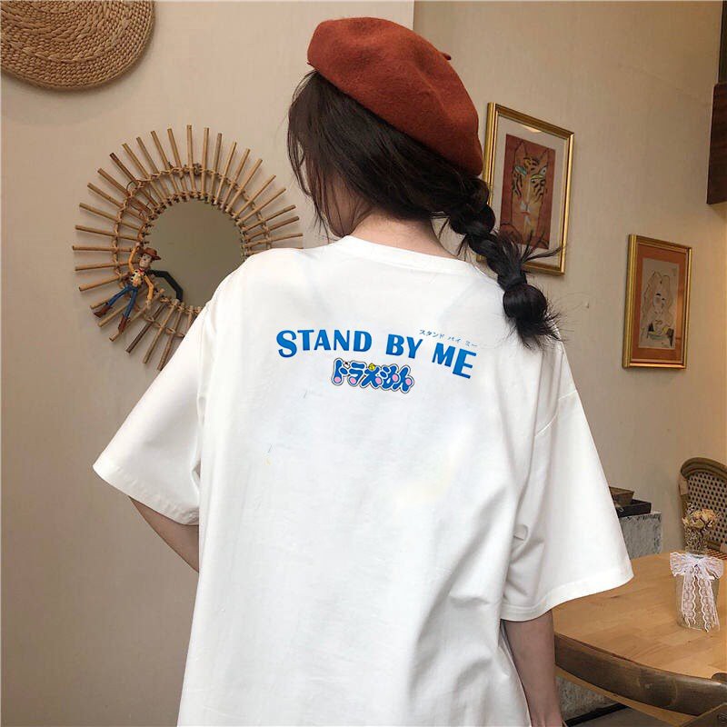 Áo thun tay lỡ nữ form rộng chữ kiễu truyện tranh mèo máy form rộng vải dày mịn 2020T1807