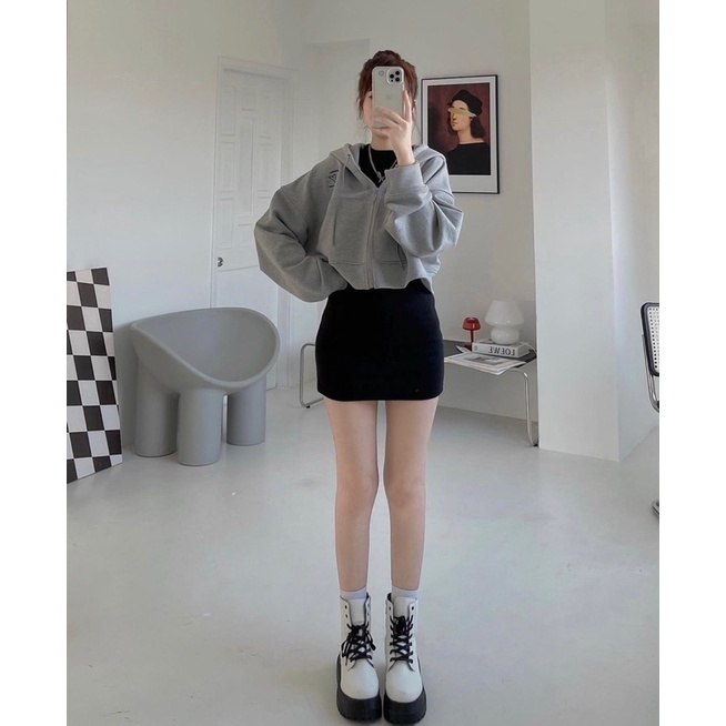 Áo khoác 🌸 Áo croptop kéo khoá zip hoodie mũ dày 2 lớp chât nỉ ngoại màu xám in hình YOUSY phong cách Hàn Quốc PHULA