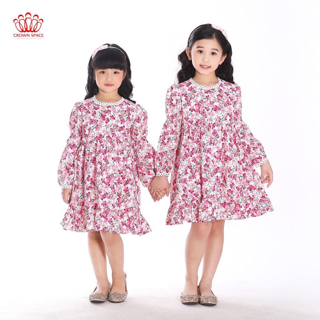 Váy Thu Đông Cao Cấp Crown Space Tay Dài Hai Lớp Dành Cho Bé Gái -Hồng Pastel Hoa Nhí Siêu Xinh CKGL2811501 Size 13-33kg