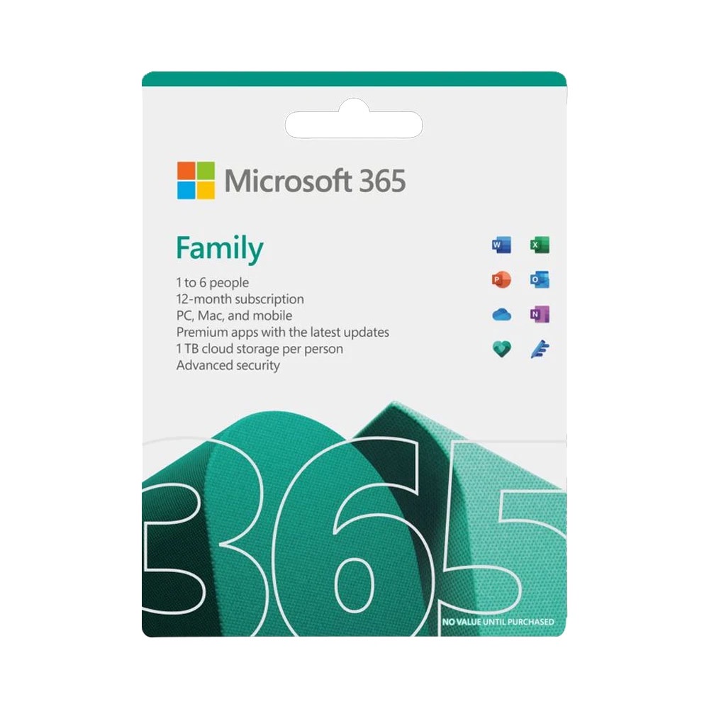 Phần mềm Microsoft 365 Family | 12 tháng | Dành cho 6 người| 5 thiết bị/người | Trọn bộ ứng dụng Office | 1TB lưu trữ