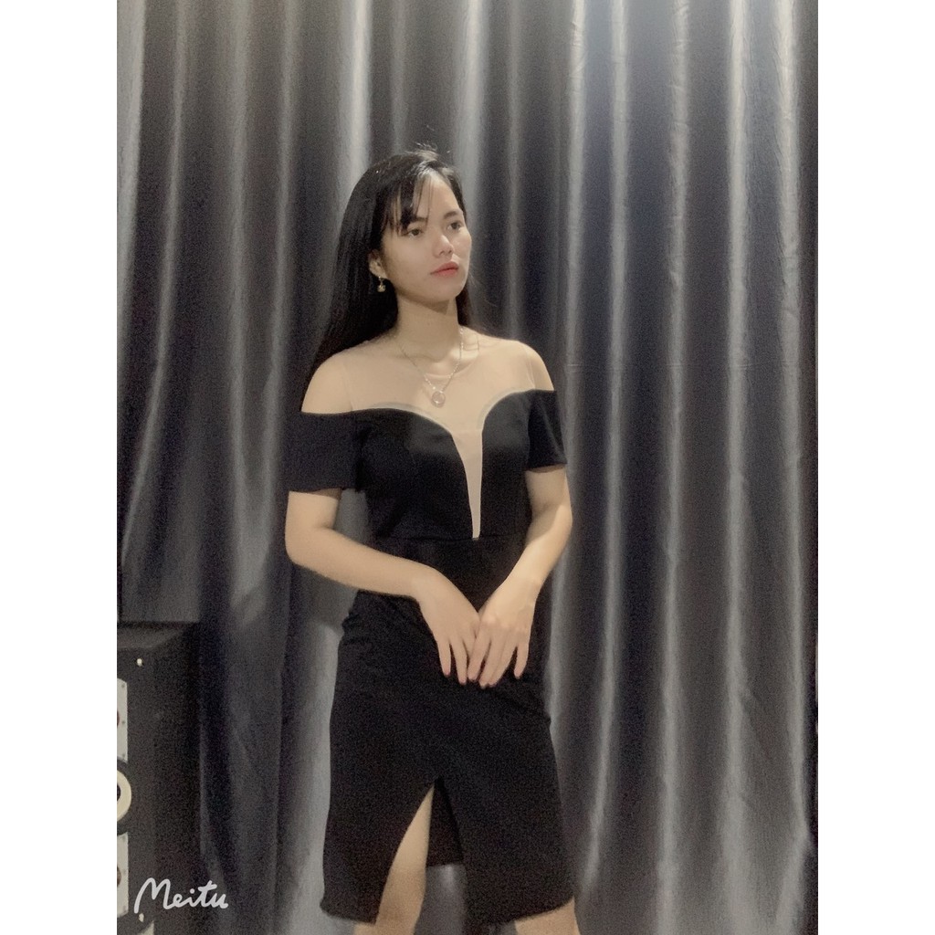 Đầm body xẻ tà cổ phối lưới chất umi freesize đỏ đen trắng