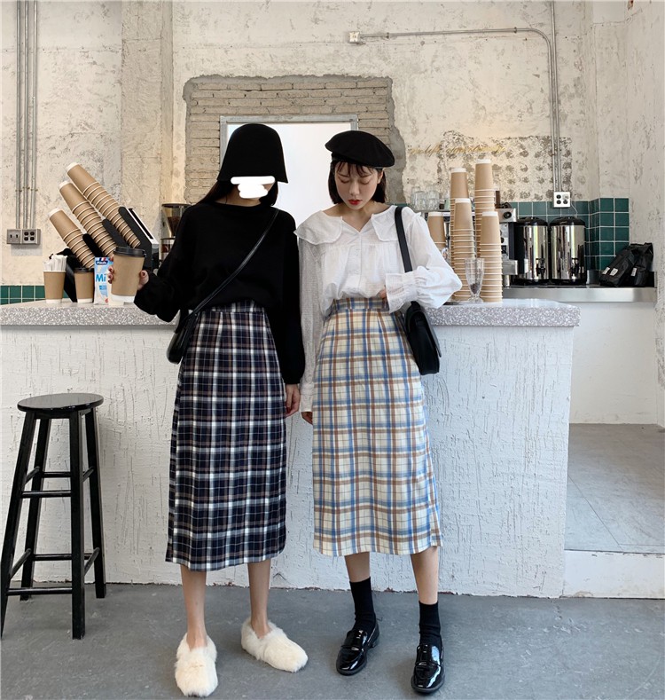 Long skirt / skirt / plaid skirt women / Korean style high waist mid-length retro Hong Kong flavor a-line skirt / A-line skirt / | BigBuy360 - bigbuy360.vn