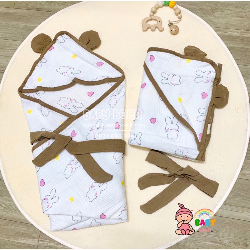 Emom - Chăn ủ Muslin sợi tre đa năng 4 lớp có mũ mềm mại