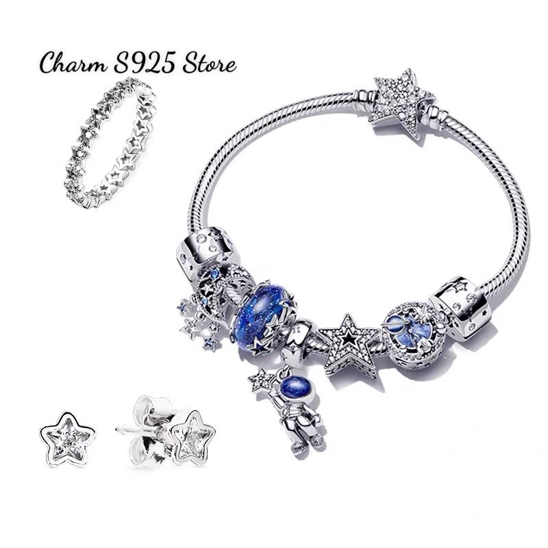 COMBO BỘ VÒNG TAY MỀM PAN.DO.RA ALE MIX 7 HẠT CHARM BẦU TRỜI XANH BẠC S925 CAO CẤP