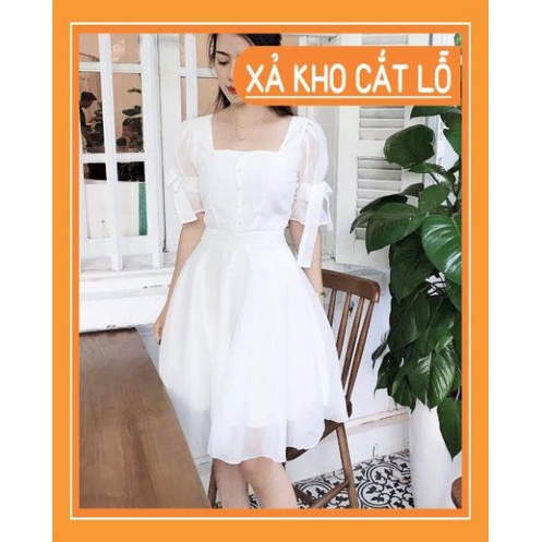 [Quần Áo Hot] Đầm trắng dự tiệc 4 nút cườm tay nơ xinh xắn