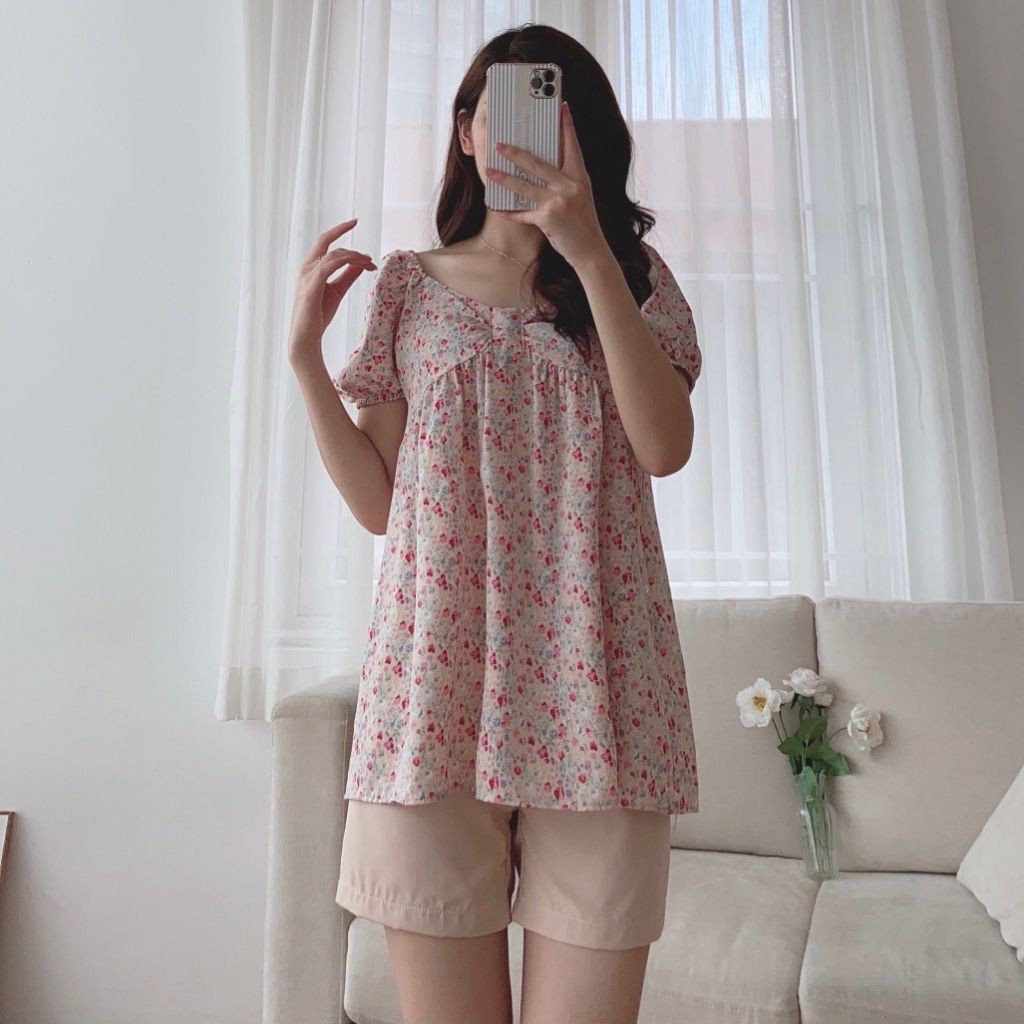 Bộ đồ bầu cộc tay M346 chất lụa hoa freesize từ 45 đến 70kg