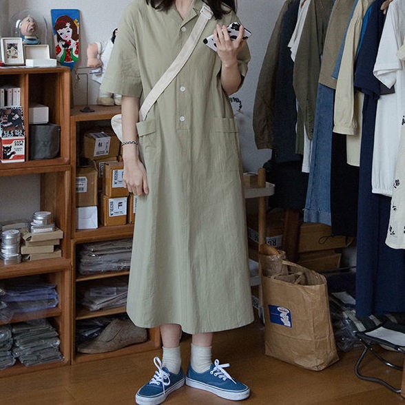 AMOI Đầm Midi Dáng Rộng Cổ Polo Phong Cách Hàn Quốc Thời Trang Cho Nữ