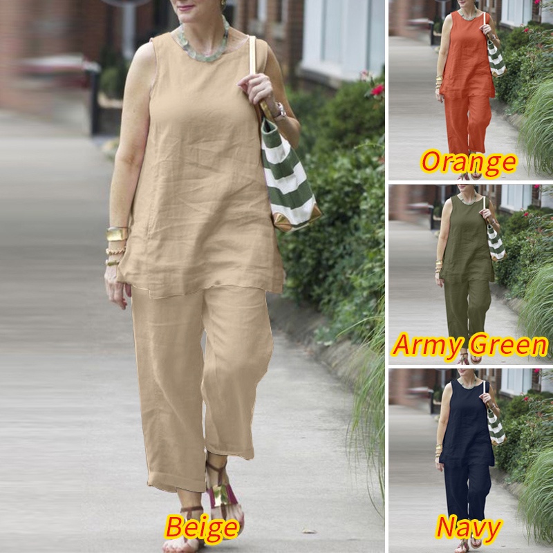 Zanzea Set Áo Sát Nách Phối Quần Dài Ống Rộng Thời Trang Nữ