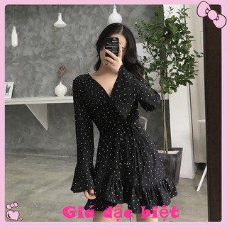 Đầm kiểu quấn chấm bi dài tay nhún bèo nữ tính