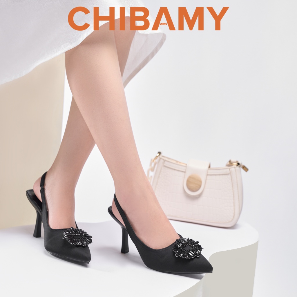 Giày cao gót nữ bít mũi ZR đính đá đen, giày gót nhọn CHIBAMY cao 8cm chất vải mềm