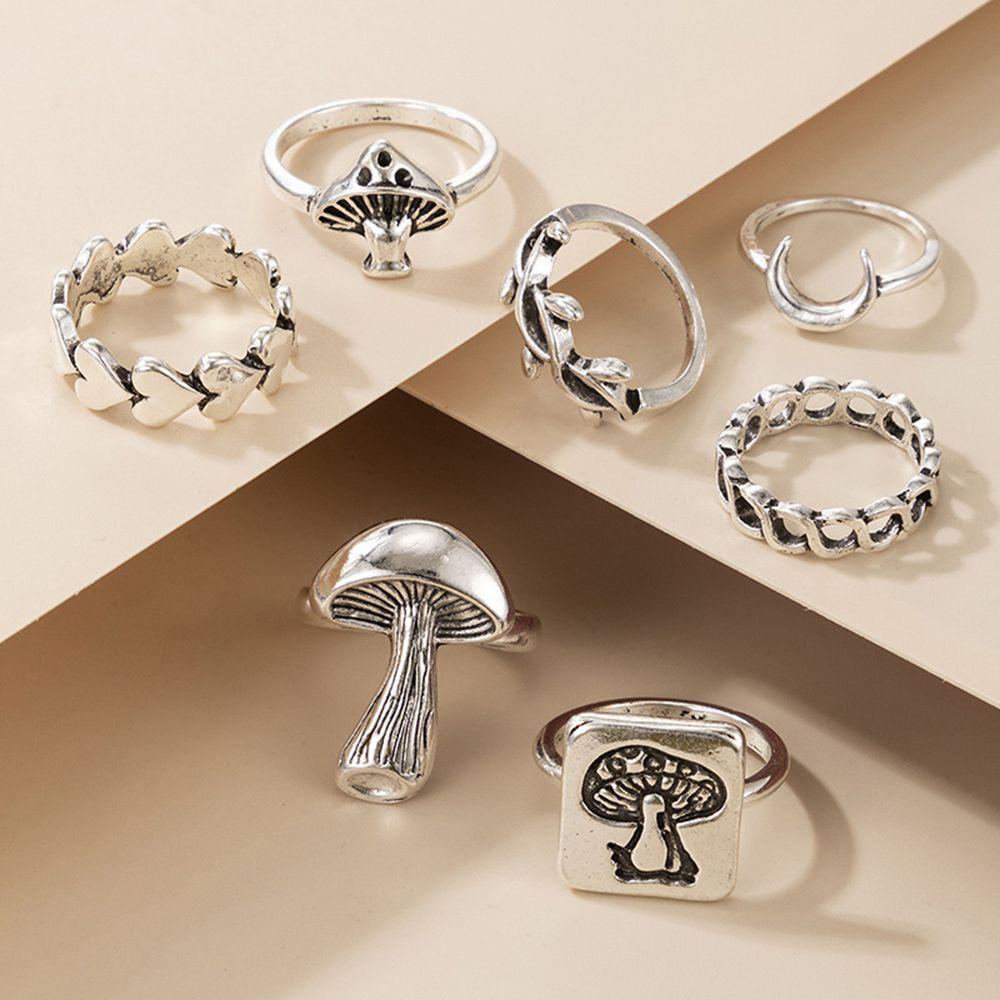 Set 7 Nhẫn Hở Hình Lá / Trái Tim / Nấm / Trái Tim Phong Cách Cổ Điển Thời Trang Dự Tiệc Cho