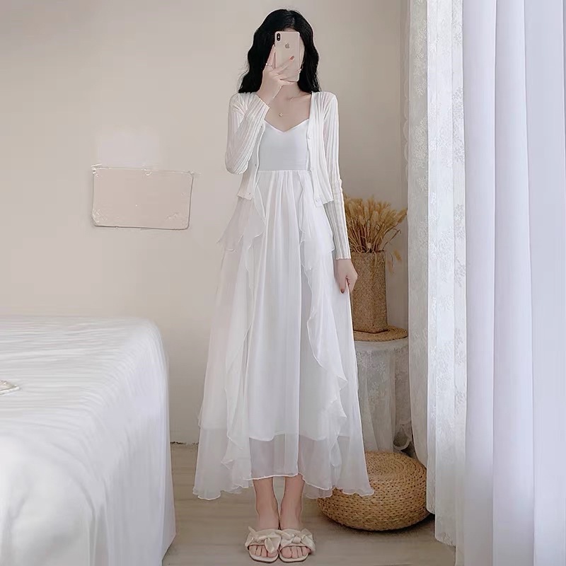 VÁY HAI DÂY BÈO TẦNG KÈM KHOÁC TRẮNG