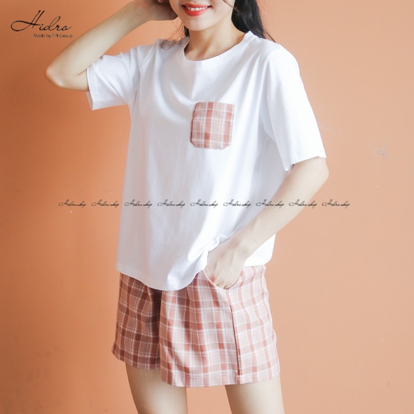 Bộ Ngủ Áo Phông Túi Phối Mix Quần Kẻ Caro Chất Cotton Siêu Mát