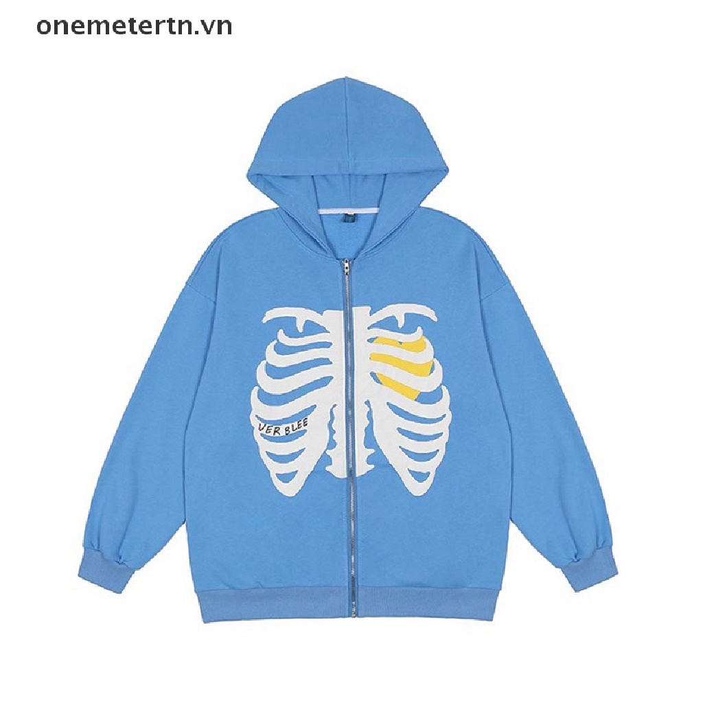 Áo khoác hoodie có khóa kéo in họa tiết bộ xương thời trang đường phố cho nam và nữ