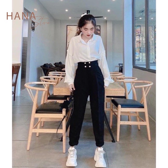 Quần baggy tây đen nữ cạp viền cao đi học làm công sở phối 4 cúc bấm - Dáng dài ống bằng - Vải tuyết mưa dày dặn mềm mịn