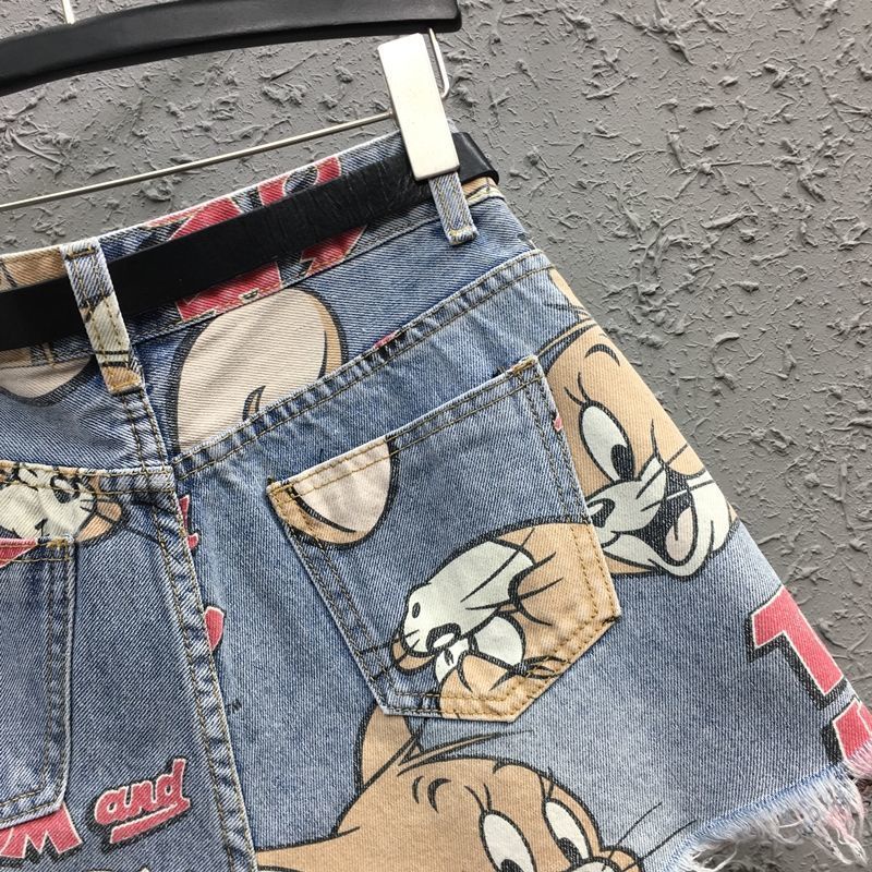 Jiashucheng Quần Short Denim Eo Cao In Màu Nhuộm Hình Mèo Và Chuột Phong Cách Mới Mùa Hè Dành Cho Bạn Nữ