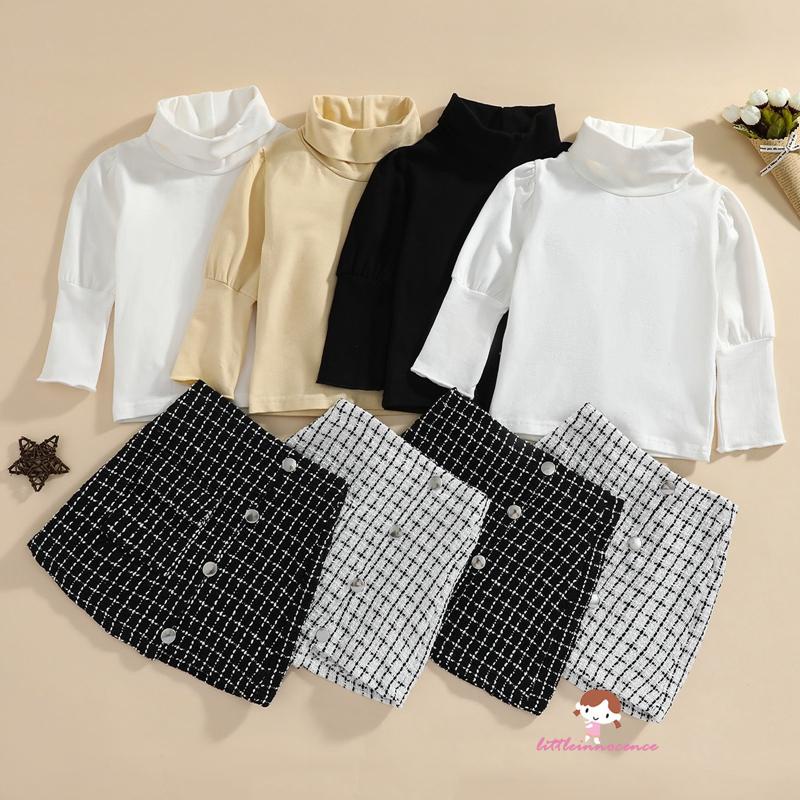 Bộ áo cổ cao tay dài + chân váy mini kẻ sọc thời trang cho bé gái dự tiệc sinh nhật 7 tuổi