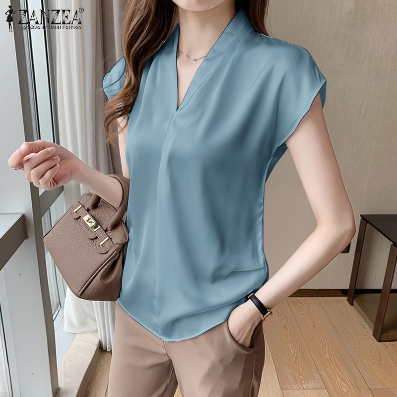 ZANZEA Áo Sơ Mi Vải Satin Tay Ngắn Cổ Chữ V Thời Trang Cho Nữ