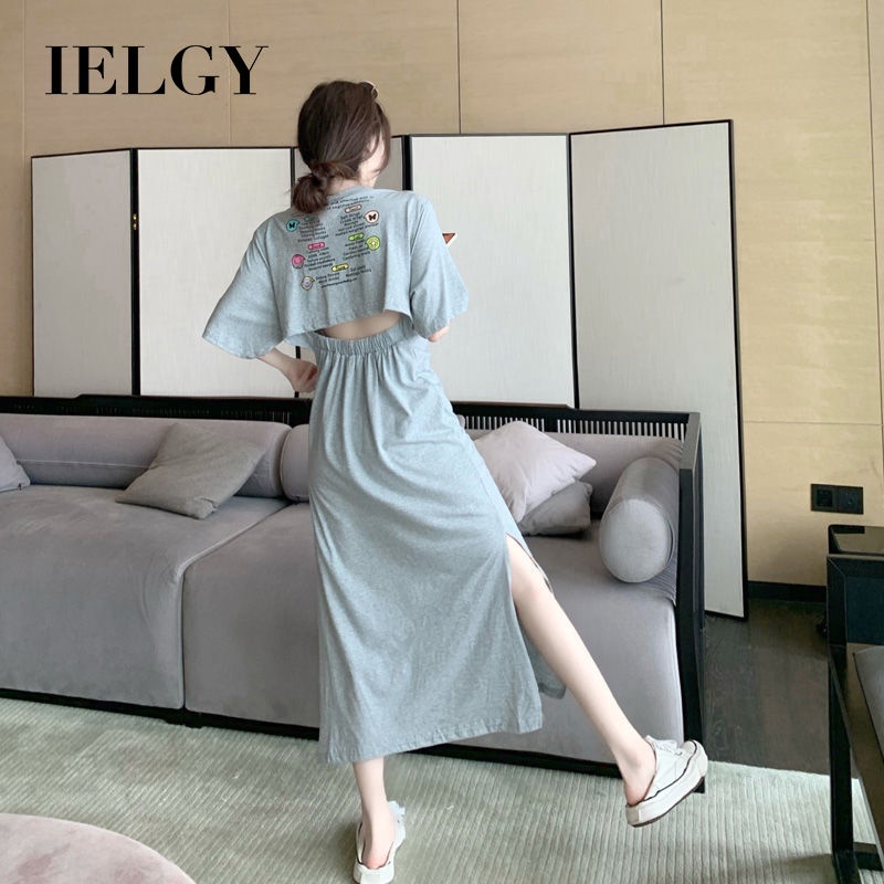 Đầm dài quá gối IELGY tay ngắn hở lưng ôm eo thời trang dành cho nữ