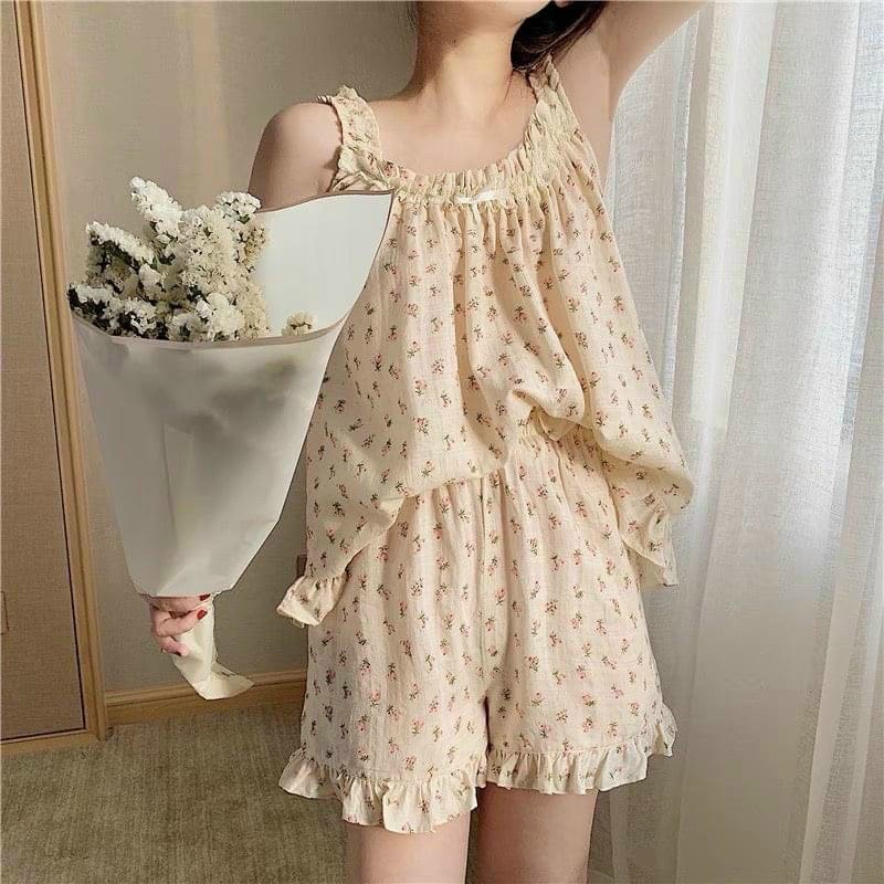 Set Cộc Đùi Nơ Hoa Nhí Mặc Nhà Nữ - Bộ quần đùi ống rộng kèm áo babydoll 2s bản to viền bèo, họa tiết trẻ trung, vintage