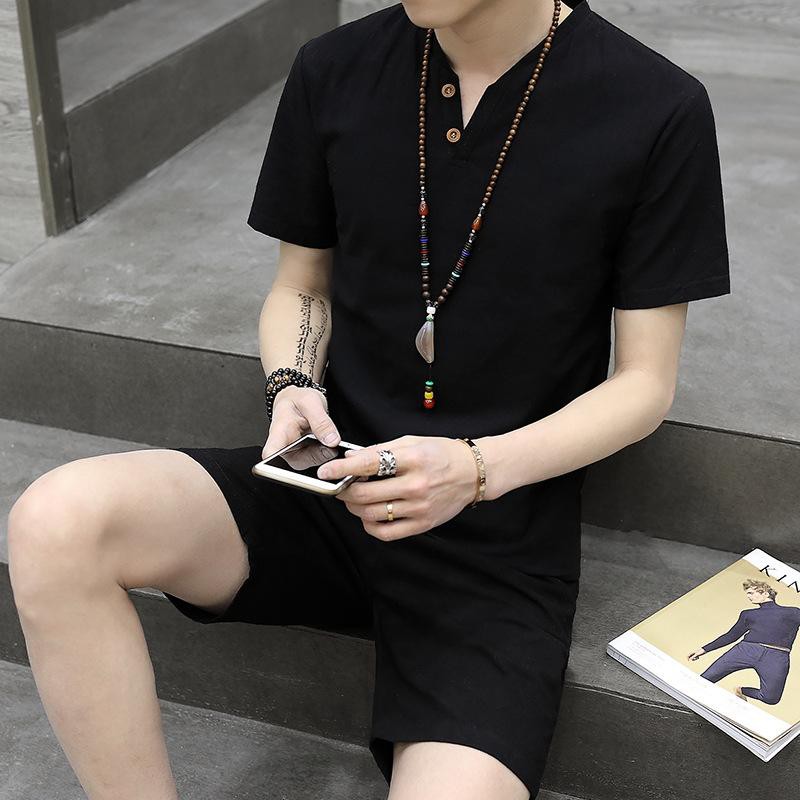Bộ quần áo mùa hè nam quần short áo ngắn tay nam không cổ vải lanh và cotton mẫu mùa hè 2019 hàng limited ⭐⭐⭐⭐⭐