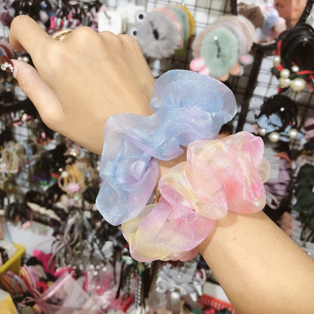 PKT00079 - Dây Cột Tóc Vải Scrunchies Hologram Trong Suốt Nhiều Màu Rực Rỡ [PKT00079]